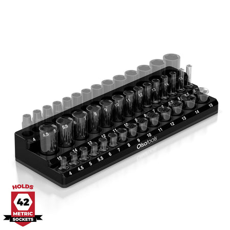	3-row magnetic socket organizer holding 1/4", 3/8", and 1/2" drive sockets