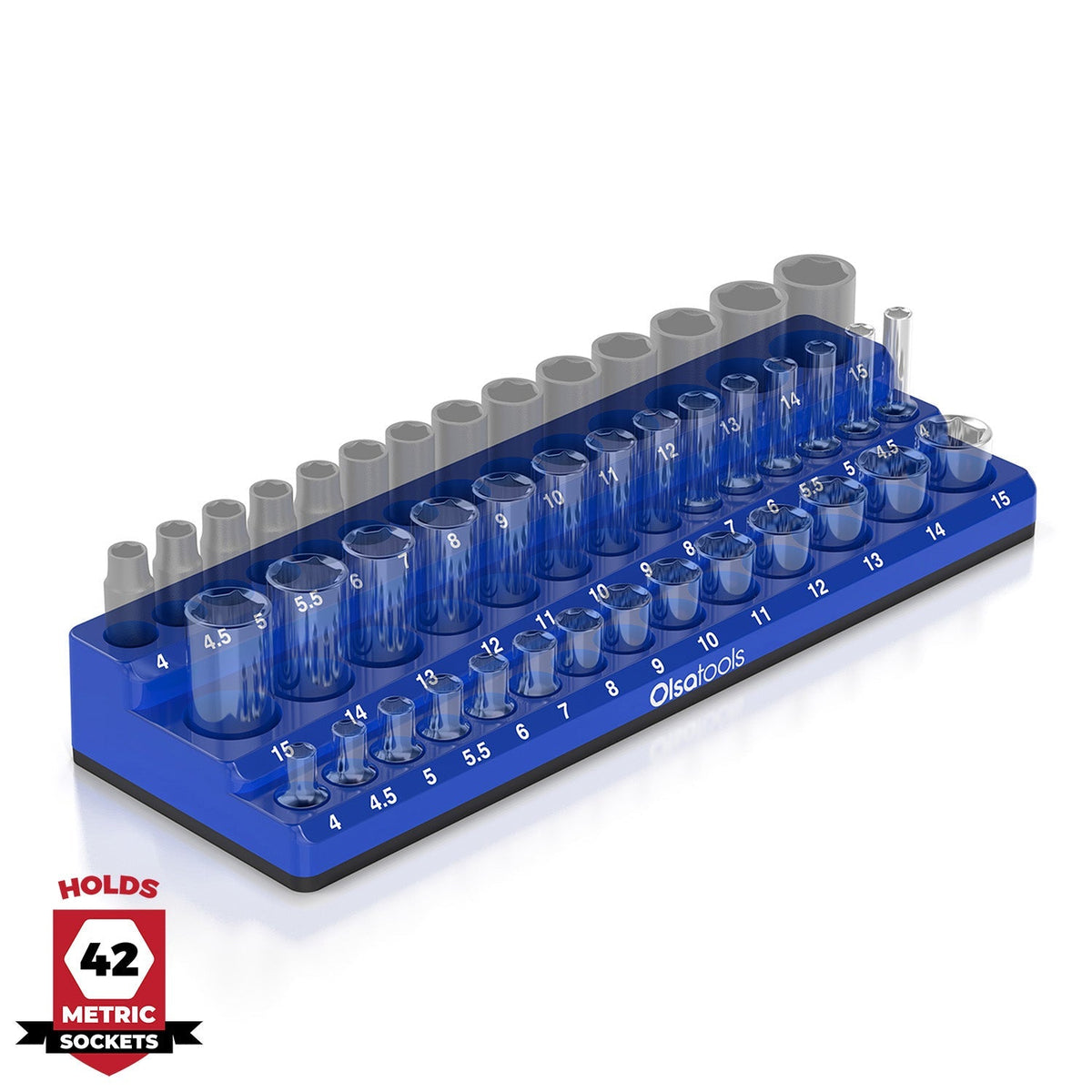 	3-row magnetic socket organizer holding 1/4", 3/8", and 1/2" drive sockets