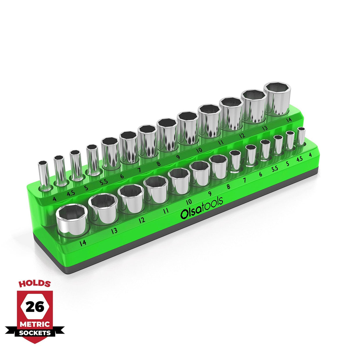 2-row magnetic socket organizer holding 1/4", 3/8", and 1/2" drive sockets