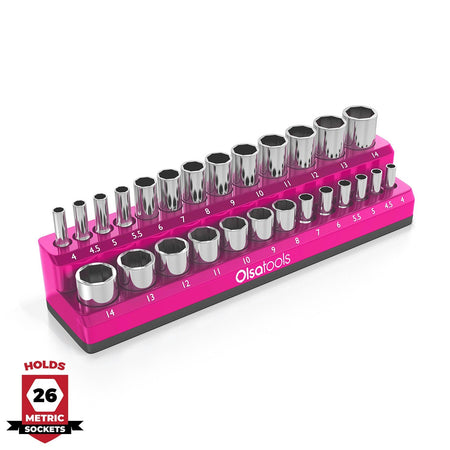 2-row magnetic socket organizer holding 1/4", 3/8", and 1/2" drive sockets