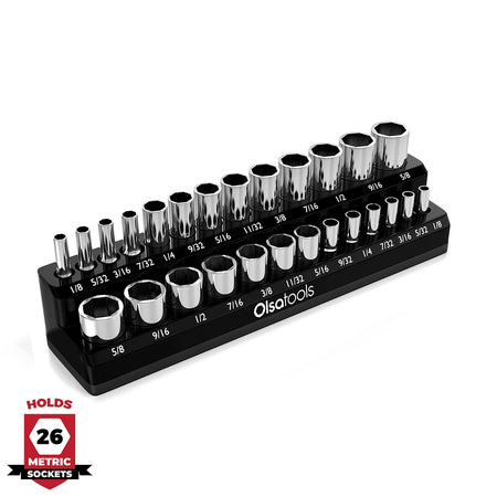 2-row magnetic socket organizer holding 1/4", 3/8", and 1/2" drive sockets