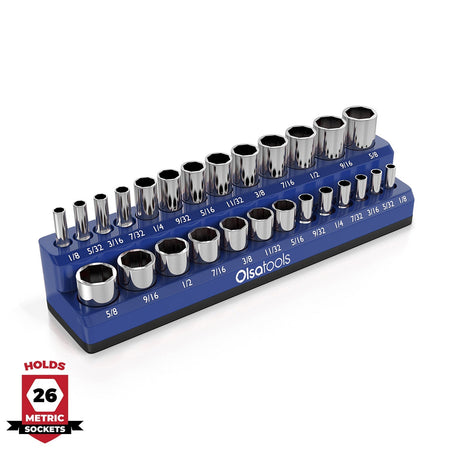 2-row magnetic socket organizer holding 1/4", 3/8", and 1/2" drive sockets