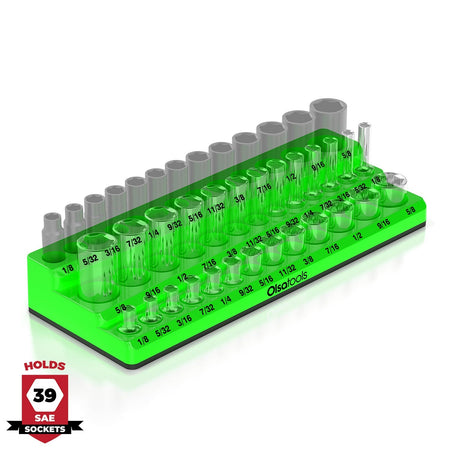 	3-row magnetic socket organizer holding 1/4", 3/8", and 1/2" drive sockets