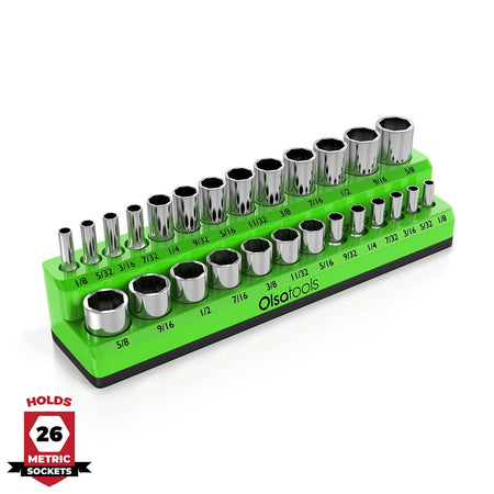 2-row magnetic socket organizer holding 1/4", 3/8", and 1/2" drive sockets