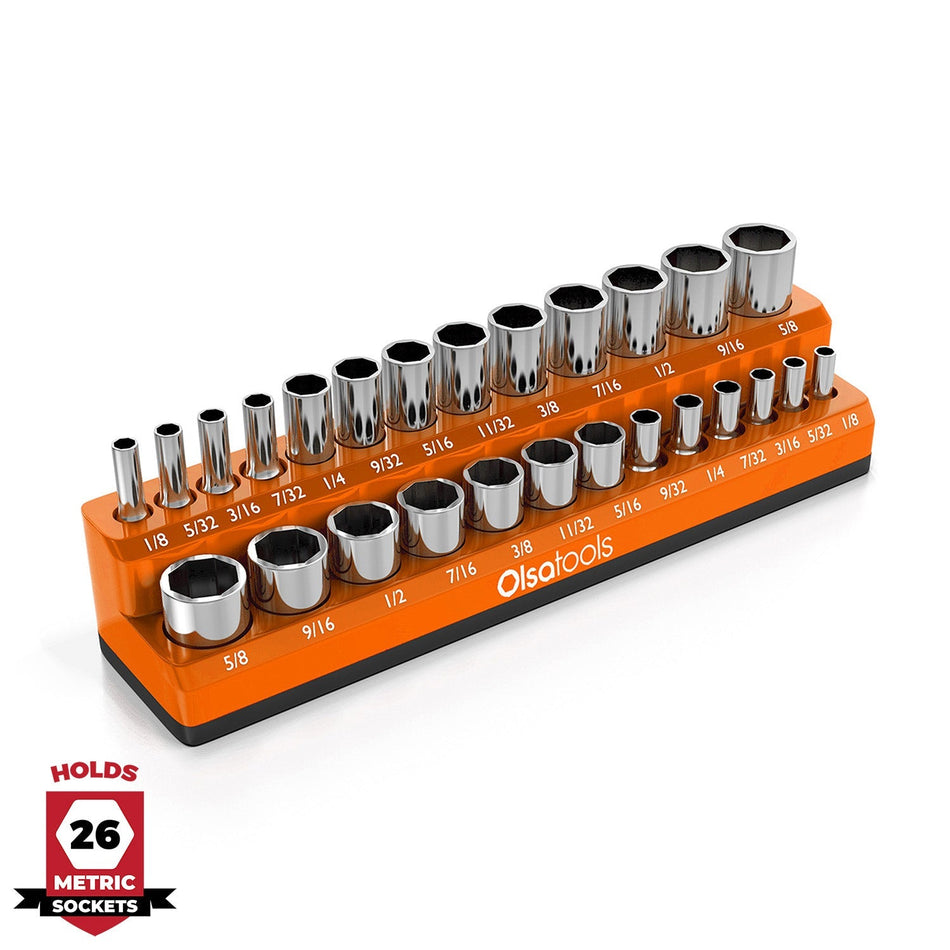 2-row magnetic socket organizer holding 1/4", 3/8", and 1/2" drive sockets