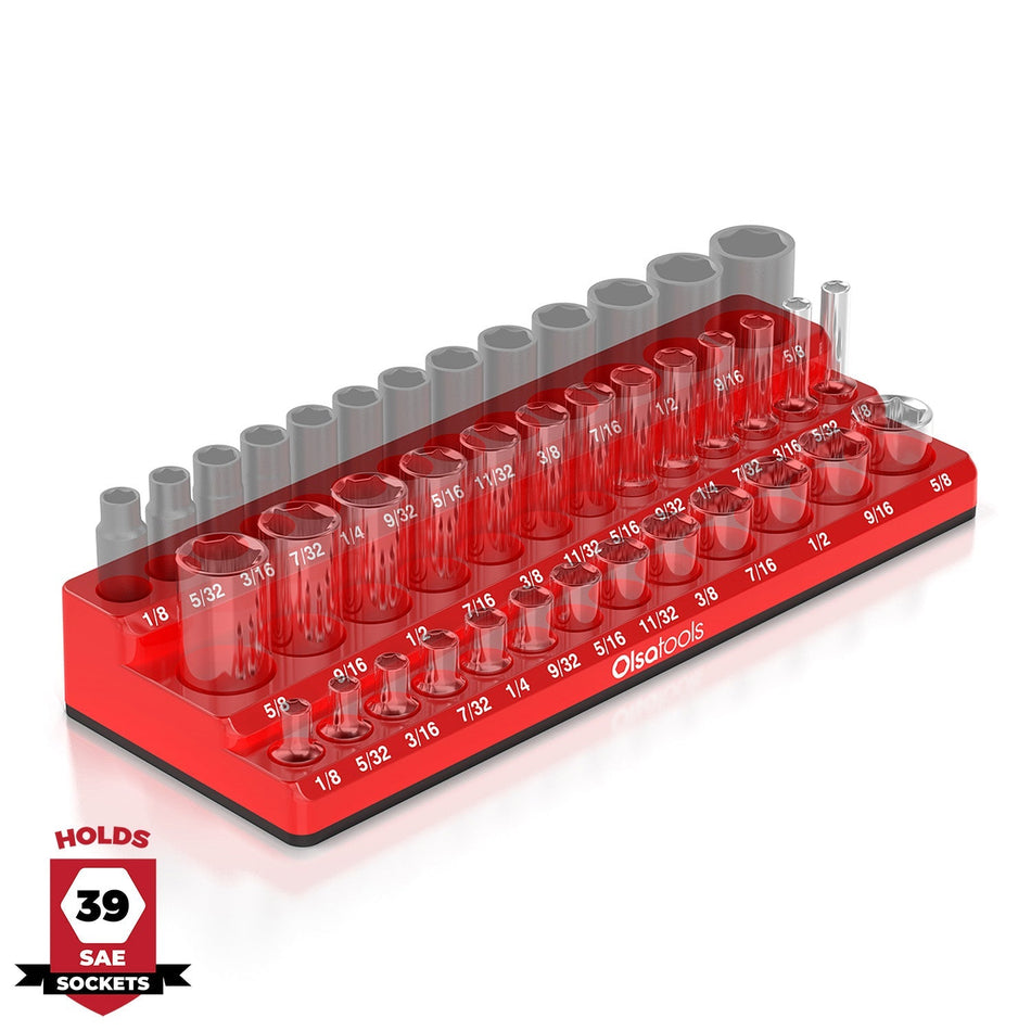 	3-row magnetic socket organizer holding 1/4", 3/8", and 1/2" drive sockets