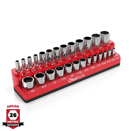 2-row magnetic socket organizer holding 1/4", 3/8", and 1/2" drive sockets