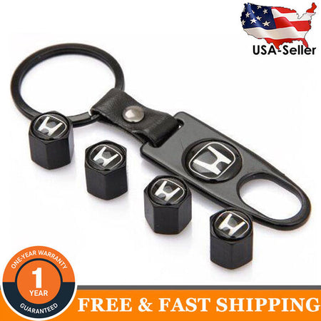 Set of 4 Honda tire valve stem caps with dust covers and matching keychain