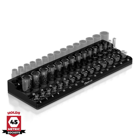 	3-row magnetic socket organizer holding 1/4", 3/8", and 1/2" drive sockets