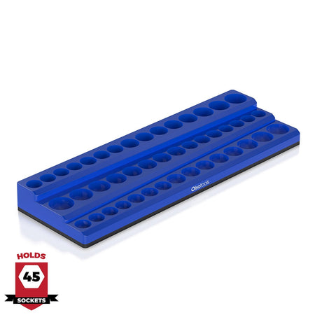 	3-row magnetic socket organizer holding 1/4", 3/8", and 1/2" drive sockets