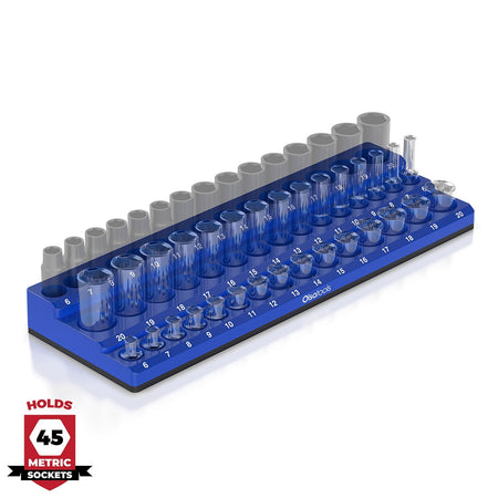 	3-row magnetic socket organizer holding 1/4", 3/8", and 1/2" drive sockets