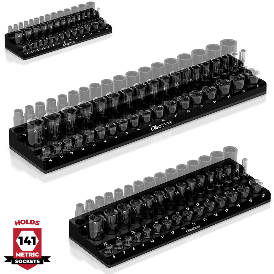 	3-row magnetic socket organizer holding 1/4", 3/8", and 1/2" drive sockets