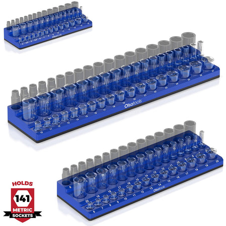 	3-row magnetic socket organizer holding 1/4", 3/8", and 1/2" drive sockets