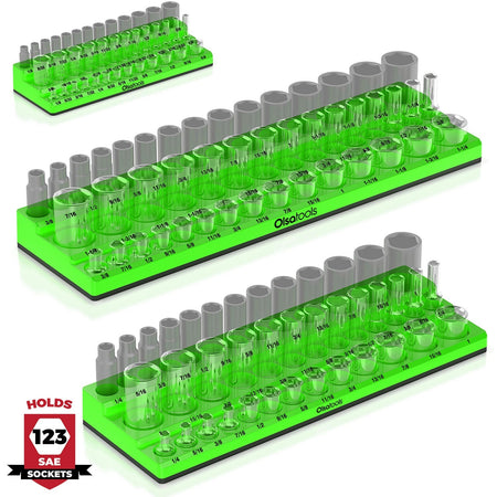 	3-row magnetic socket organizer holding 1/4", 3/8", and 1/2" drive sockets