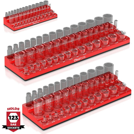 	3-row magnetic socket organizer holding 1/4", 3/8", and 1/2" drive sockets