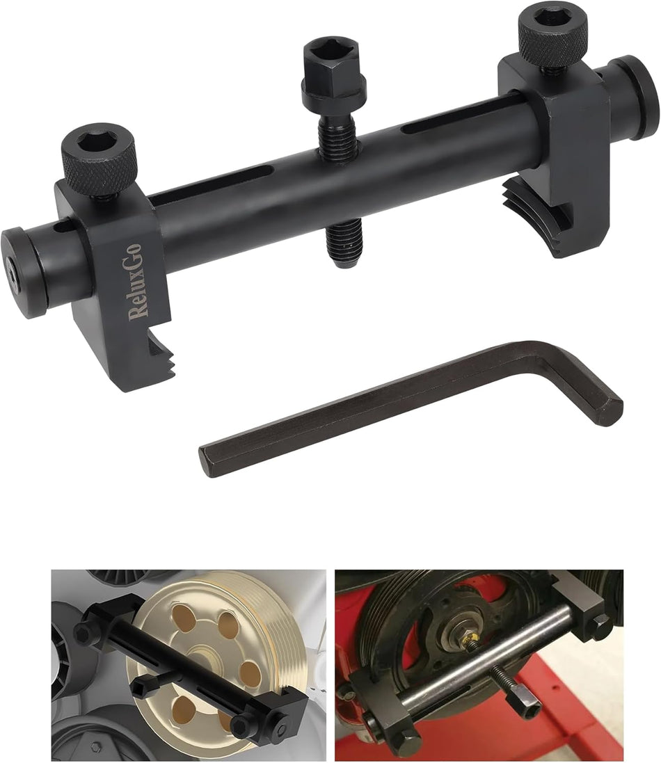 Universal crankshaft pulley puller tool for A/C, water pump, and alternator removal with heat-treated steel for durability.