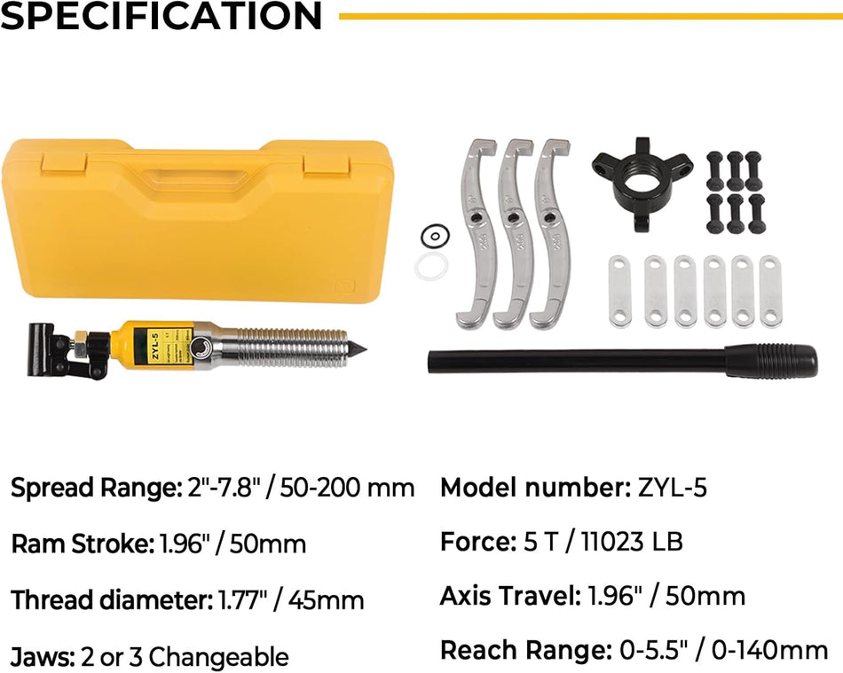 5-Ton Hydraulic Gear Puller with 2/3 Jaw for Bearing and Hub Removal