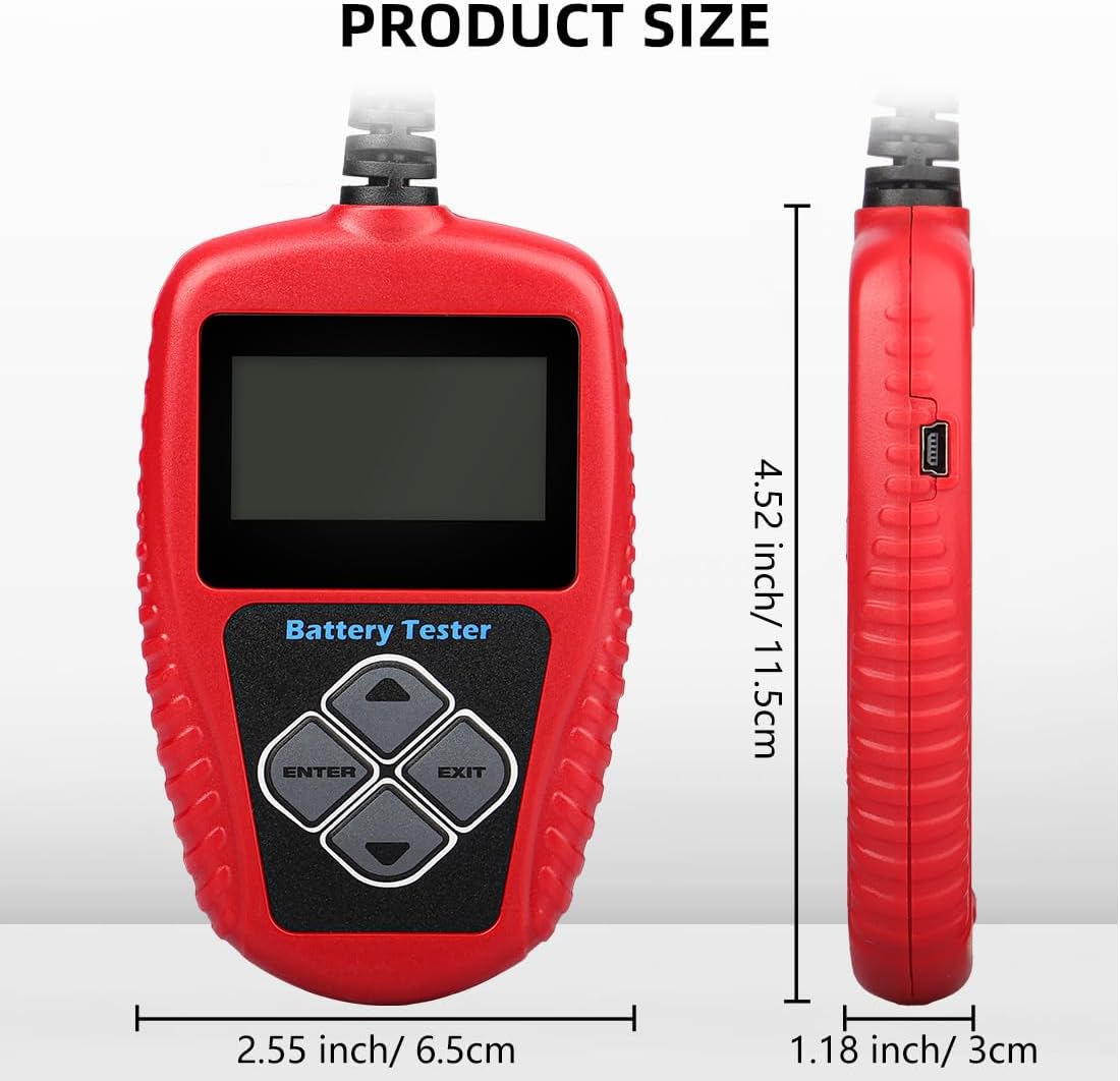 12V car battery tester and alternator diagnostic tool with LCD display for accurate battery and charging system diagnostics.