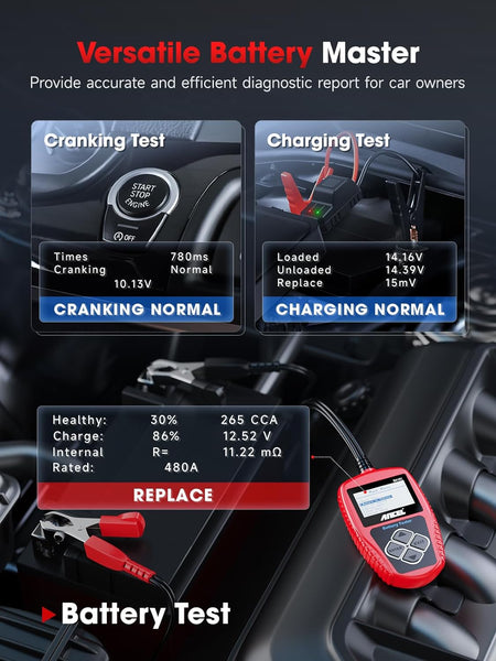 12V car battery tester and alternator diagnostic tool with LCD display for accurate battery and charging system diagnostics.