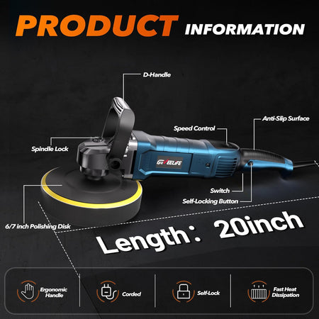1600W rotary polisher with 7 variable speeds and detachable handles for car and boat detailing