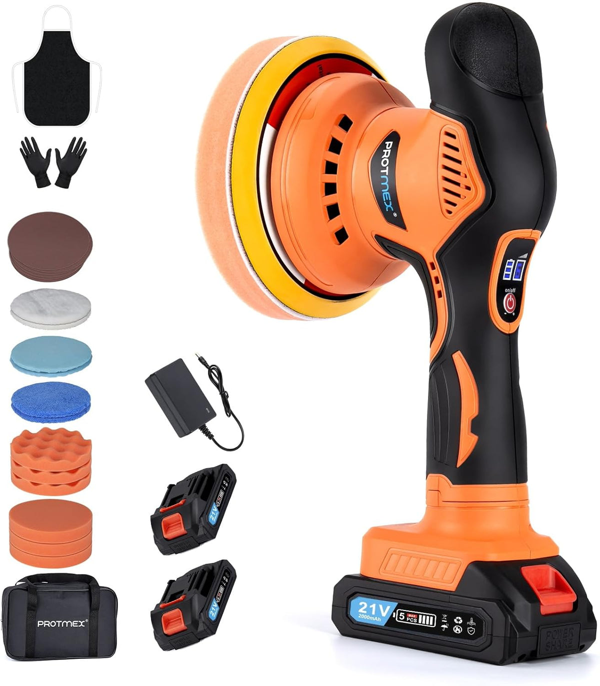 Cordless 21V Car Polisher Kit with 2 Batteries and 18 Attachments for Detailing