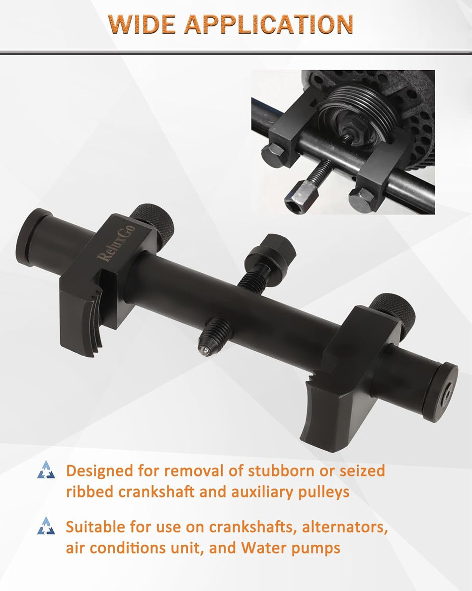Universal crankshaft pulley puller tool for A/C, water pump, and alternator removal with heat-treated steel for durability.