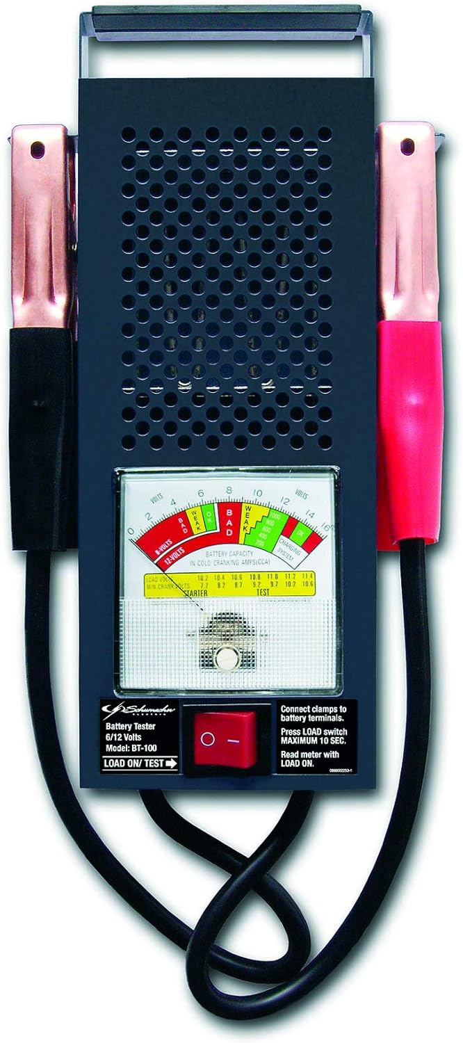 Battery load tester and voltmeter for 6V/12V batteries with 1000 CCA testing, charging system diagnosis, and starter motor testing.