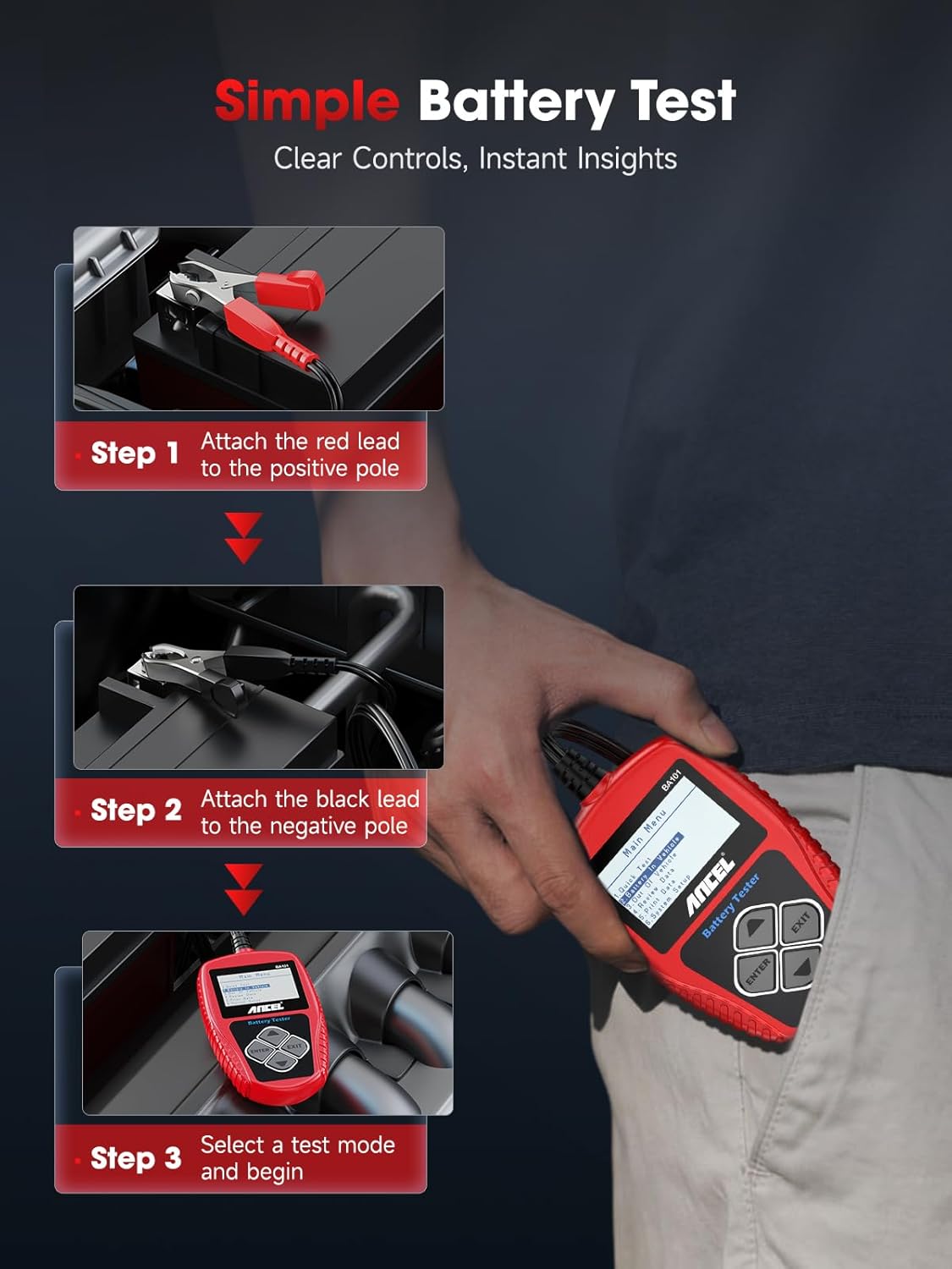 12V car battery tester and alternator diagnostic tool with LCD display for accurate battery and charging system diagnostics.