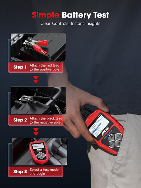 12V car battery tester and alternator diagnostic tool with LCD display for accurate battery and charging system diagnostics.