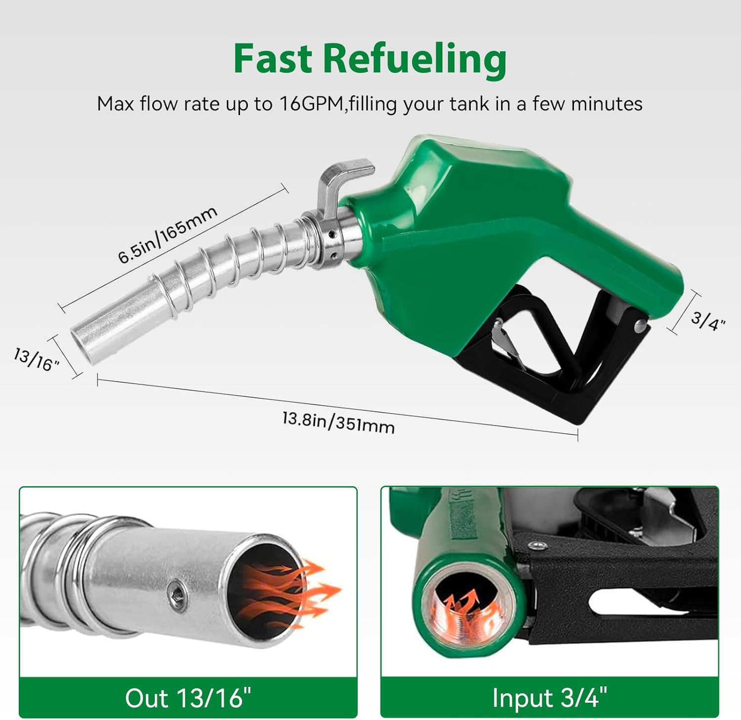 3/4" Auto Shut-Off Fuel Nozzle - 16 GPM Flow, 3-Speed Lock for Gas/Diesel