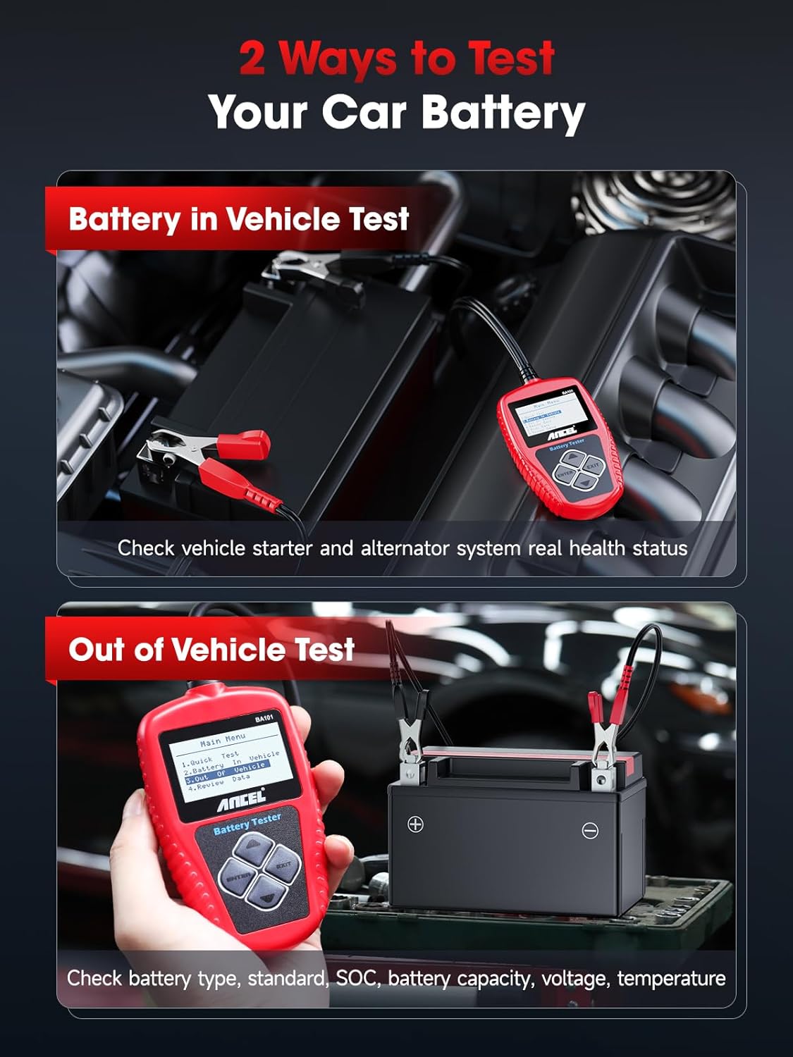 12V car battery tester and alternator diagnostic tool with LCD display for accurate battery and charging system diagnostics.