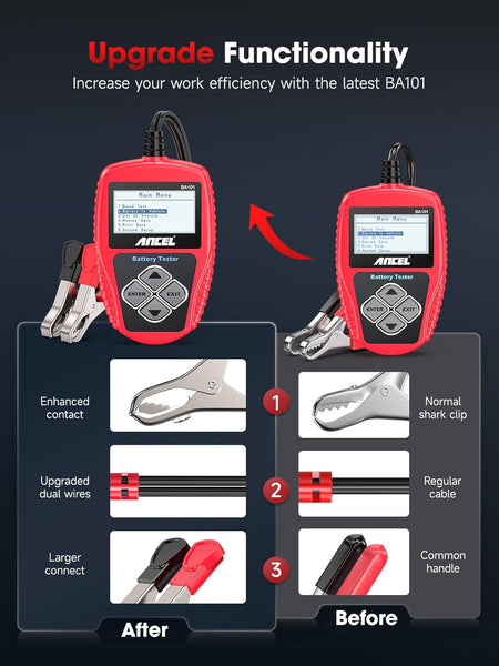 12V car battery tester and alternator diagnostic tool with LCD display for accurate battery and charging system diagnostics.