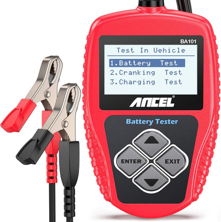 12V car battery tester and alternator diagnostic tool with LCD display for accurate battery and charging system diagnostics.