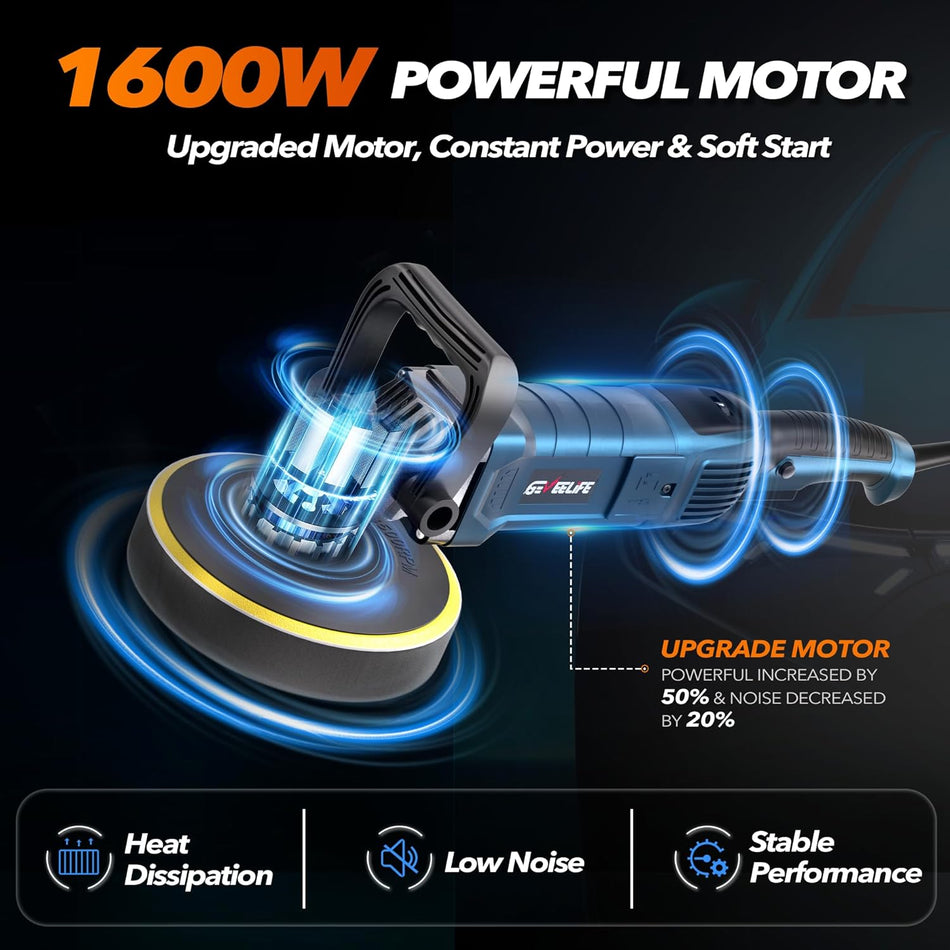 1600W rotary polisher with 7 variable speeds and detachable handles for car and boat detailing