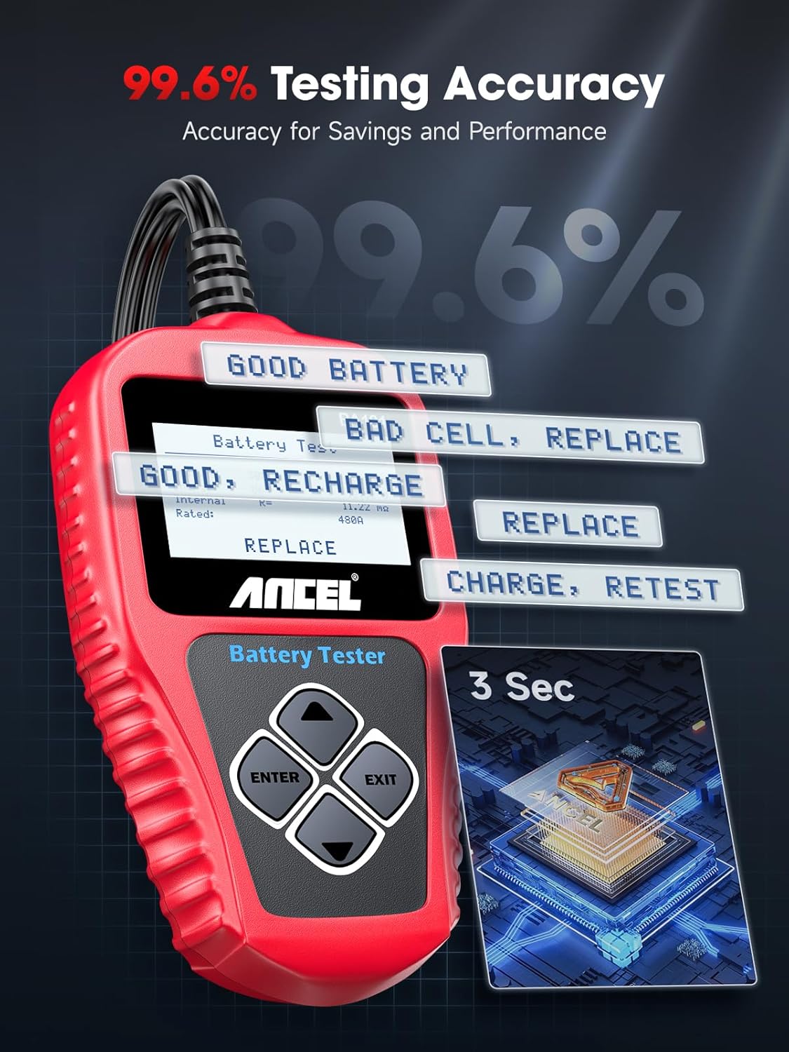 12V car battery tester and alternator diagnostic tool with LCD display for accurate battery and charging system diagnostics.