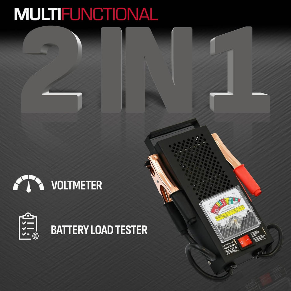 Battery load tester and voltmeter for 6V/12V batteries with 1000 CCA testing, charging system diagnosis, and starter motor testing.