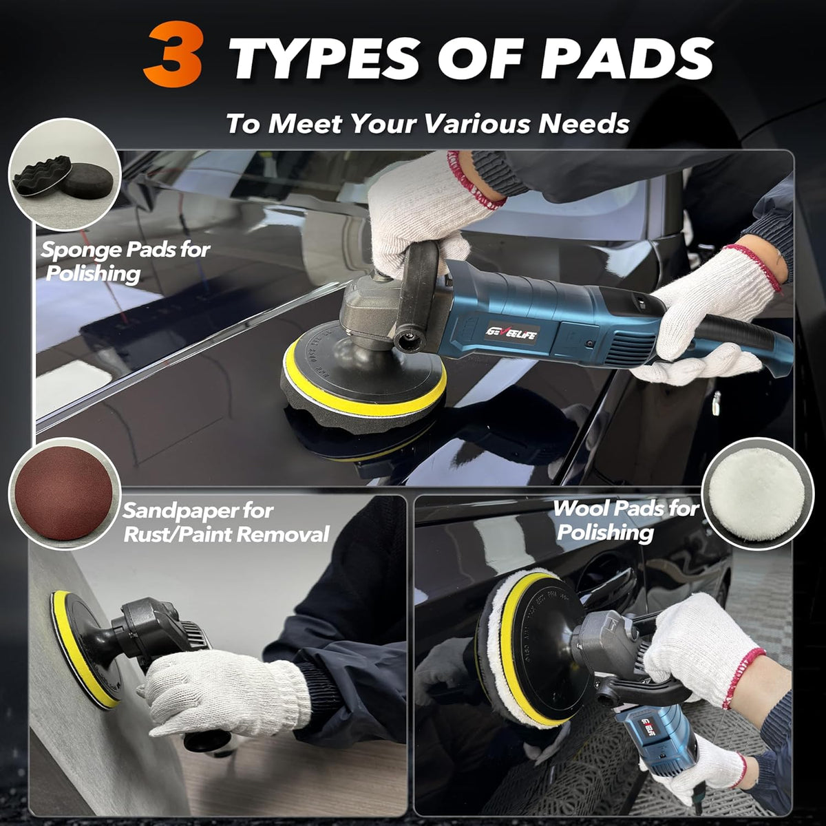 1600W rotary polisher with 7 variable speeds and detachable handles for car and boat detailing