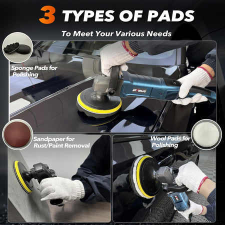 1600W rotary polisher with 7 variable speeds and detachable handles for car and boat detailing