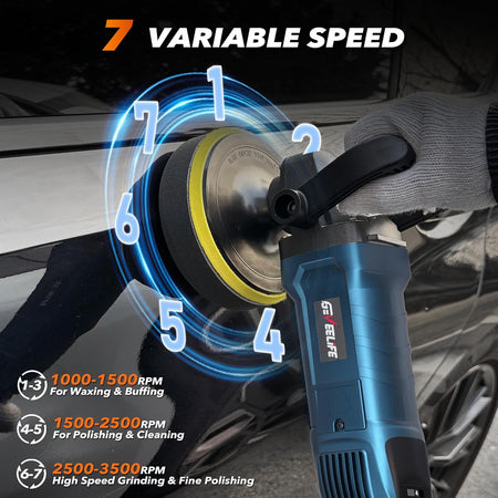 1600W rotary polisher with 7 variable speeds and detachable handles for car and boat detailing