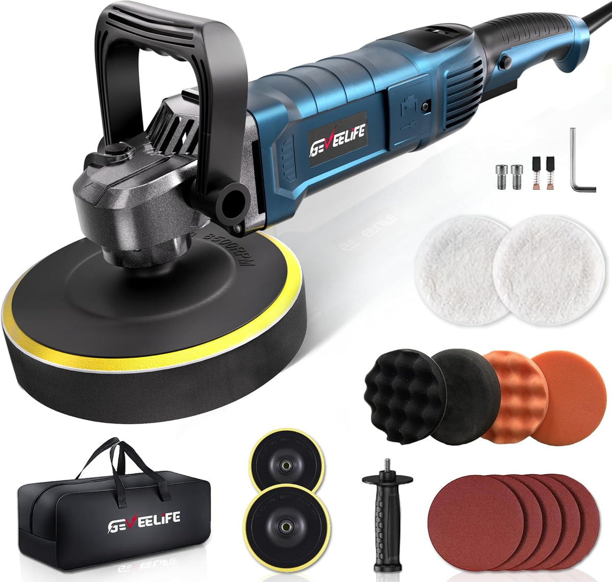 1600W rotary polisher with 7 variable speeds and detachable handles for car and boat detailing