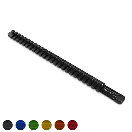 Aluminum socket organizer set with 3 rails for 1/4", 3/8", and 1/2" drive sockets