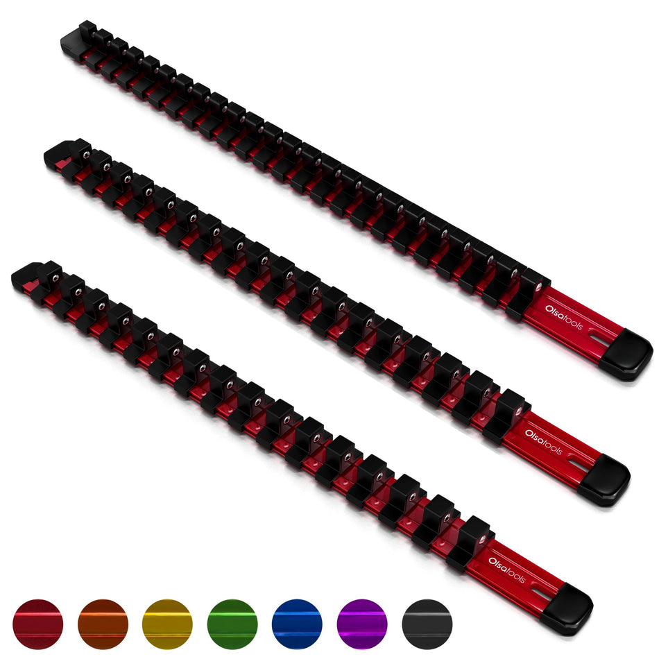 Aluminum socket organizer set with 3 rails for 1/4", 3/8", and 1/2" drive sockets